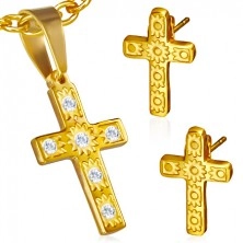 Stalowy zestaw w złotym kolorze - wisiorek i kolczyki, krzyż, przezroczyste kamyczki