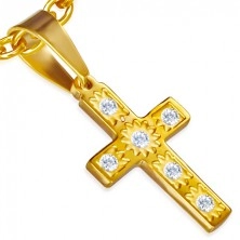 Stalowy zestaw w złotym kolorze - wisiorek i kolczyki, krzyż, przezroczyste kamyczki
