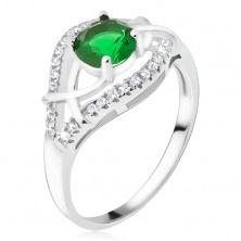 Srebrny pierścionek 925 - zielony okrągły kamyczek, cyrkoniowe ramiona