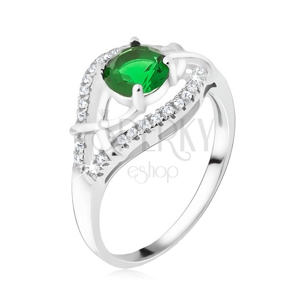 Srebrny pierścionek 925 - zielony okrągły kamyczek, cyrkoniowe ramiona