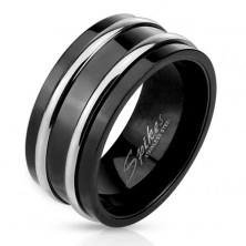 Stalowy pierścionek w czarnym kolorze - dwie cienkie lśniące obręcze w srebrnym kolorze