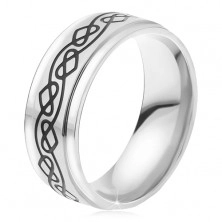 Stalowy pierścionek - srebrna obrączka, cienka grawerowana pofalowana linia, serca
