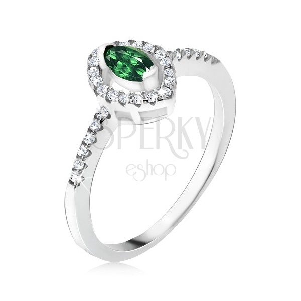 Srebrny pierścionek 925 - zielony kamyczek w kształcie elipsy, cyrkoniowe kontury