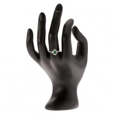 Srebrny pierścionek 925 - zielony kamyczek w kształcie elipsy, cyrkoniowe kontury