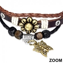 Multi bransoletka - brązowy pas skóry, plecionka, sznurki, kwiat i motyl