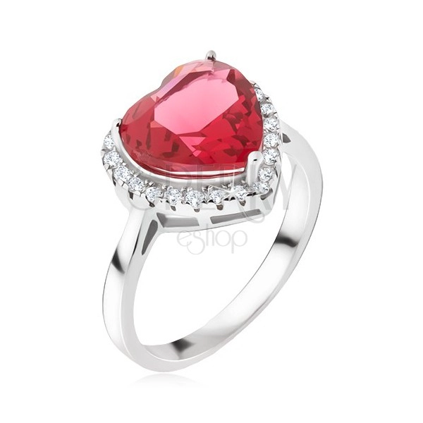 Srebrny pierścionek 925 - duży czerwony kamień serce, cyrkoniowa obwódka
