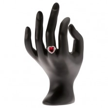 Srebrny pierścionek 925 - duży czerwony kamień serce, cyrkoniowa obwódka