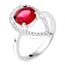 Srebrny pierścionek 925 - okrągły czerwony kamień, kontury łezki z cyrkonii
