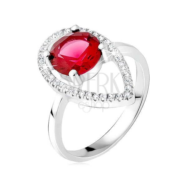 Srebrny pierścionek 925 - okrągły czerwony kamień, kontury łezki z cyrkonii