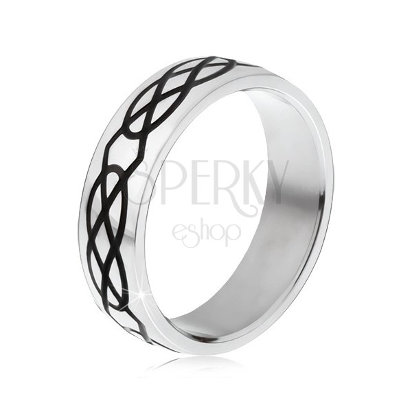 Stalowy pierścionek - obrączka w srebrnym kolorze, wzór z łezek i rombów