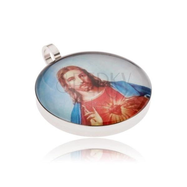 Okrągły stalowy medalik, Jezus w czerwono-niebieskiej szacie