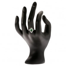 Srebrny pierścionek 925 - kamyczek w kształcie elipsy w zielonym kolorze, cyrkoniowe kontury