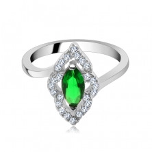 Srebrny pierścionek 925 - kamyczek w kształcie elipsy w zielonym kolorze, cyrkoniowe kontury
