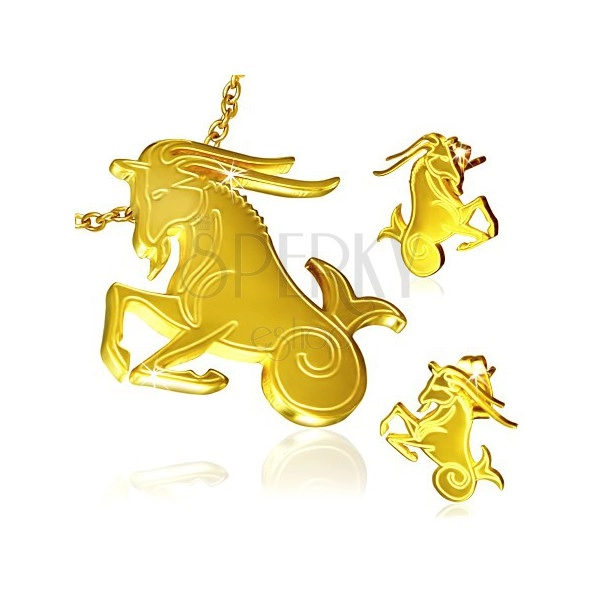 Złoty zestaw ze stali, wisiorek i kolczyki, znak Zodiaku Koziorożec