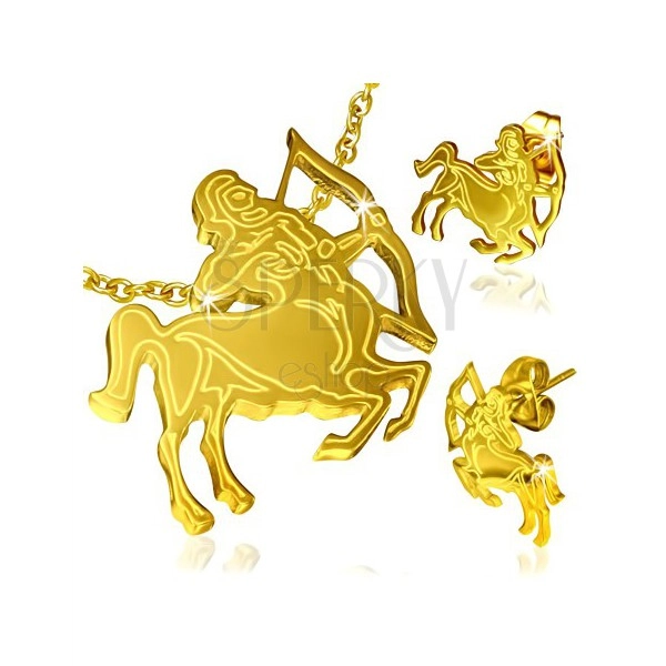 Stalowy zestaw w złotym kolorze, kolczyki i wisiorek, znak Zodiaku Strzelec