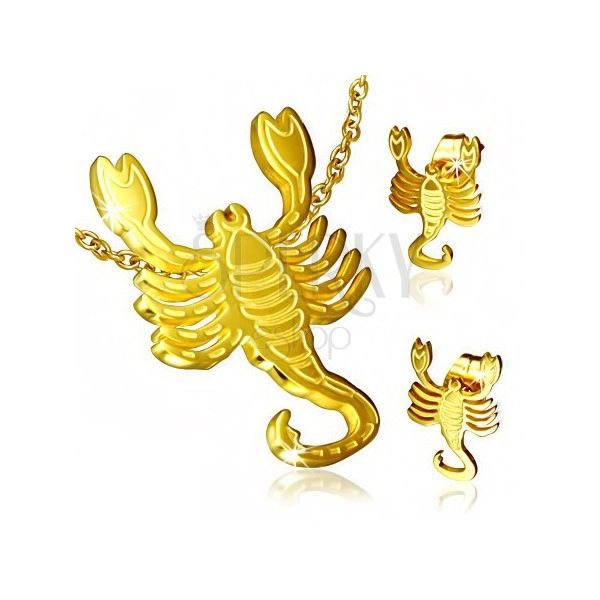 Zestaw ze stali w złotym kolorze, kolczyki wkręty i wisiorek, Skorpion