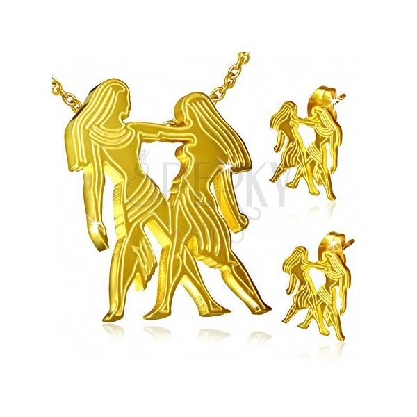 Stalowy zestaw w złotym kolorze, kolczyki i wisiorek, znak Zodiaku Bliźnięta