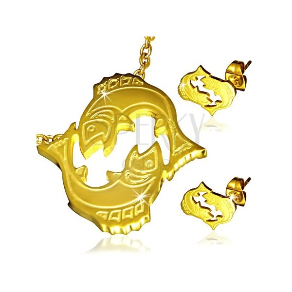 Stalowy zestaw w złotym kolorze - wisiorek i kolczyki, znak Zodiaku Ryby