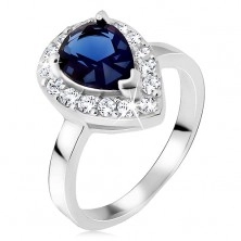Srebrny pierścionek 925, niebieski kamień łezka z cyrkoniową obwódką
