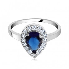 Srebrny pierścionek 925, niebieski kamień łezka z cyrkoniową obwódką