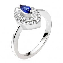 Srebrny pierścionek 925, niebieski kamyczek - ziarno, cyrkoniowa elipsa