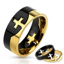 Czarno-złoty dwukolorowy pierścionek ze stali chirurgicznej, krzyż