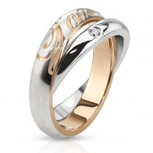 Dwukolorowy stalowy pierścionek - srebrne obrączki, cyrkonia, napis Love