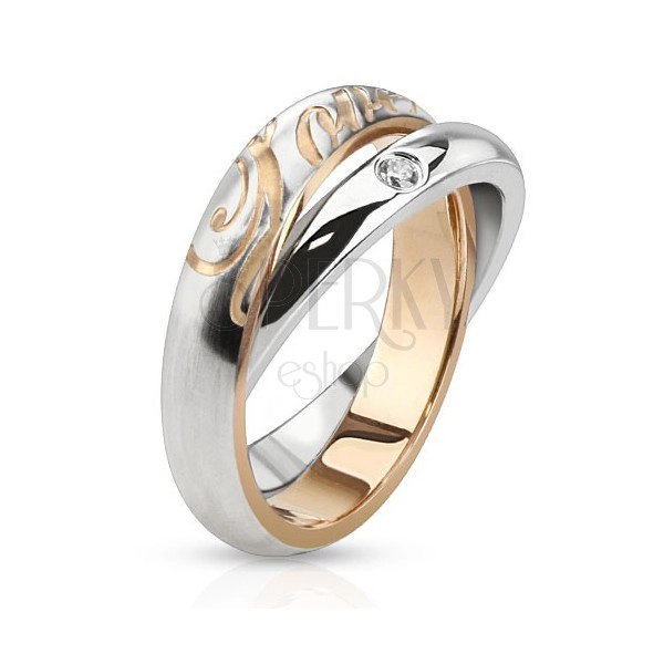 Dwukolorowy stalowy pierścionek - srebrne obrączki, cyrkonia, napis Love