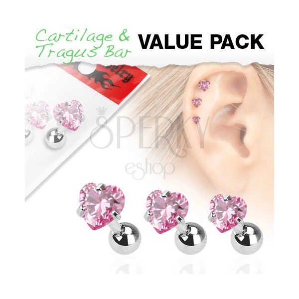 Zestaw trzech stalowych kolczyków do ucha, różowa cyrkonia w kształcie serduszka