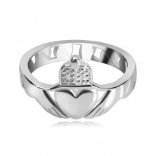 Srebrny pierścionek 925 - serce, ręce, korona, wycięcie wokół obwodu
