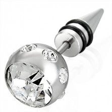 Fałszywy piercing srebrnego koloru - duża kuleczka z cyrkonią, szpic z dwiema czarnymi gumkami