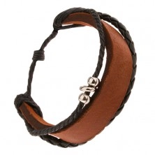 Náramok - karamelový pás kože, čierny pletenec, šnúrka, obruče z kovu