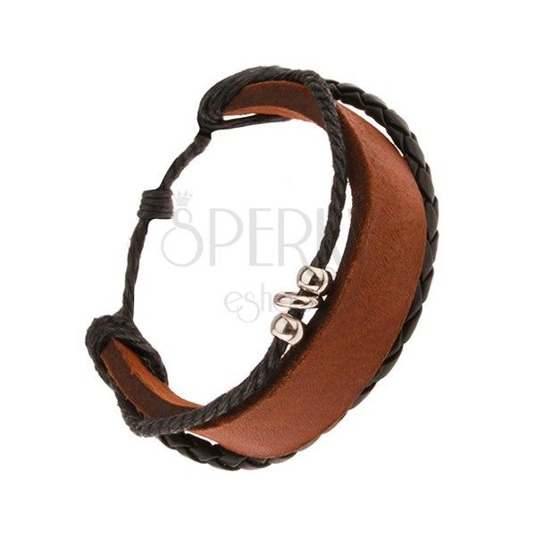 Náramok - karamelový pás kože, čierny pletenec, šnúrka, obruče z kovu