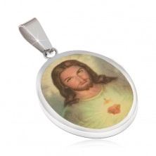 Owalny stalowy medalik, portret Jezusa zalany emalią