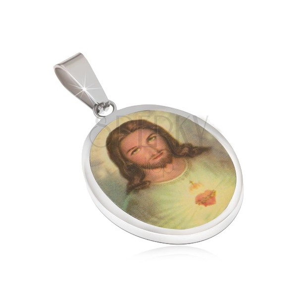 Owalny stalowy medalik, portret Jezusa zalany emalią