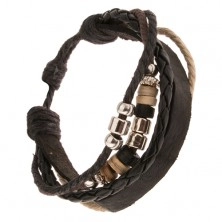 Czarna bransoletka Multi, pas skóry, plecionka,sznurki, wałeczki z drewna i metalu