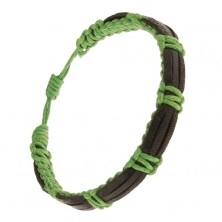 Pleciona zielona bransoletka ze sznurków, trzy czarne paski skóry