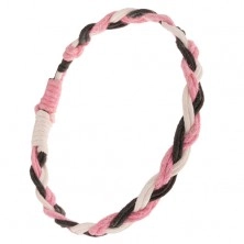 Bransoletka z zaplatanych białych, czarnych i różowych sznurków, warkocz