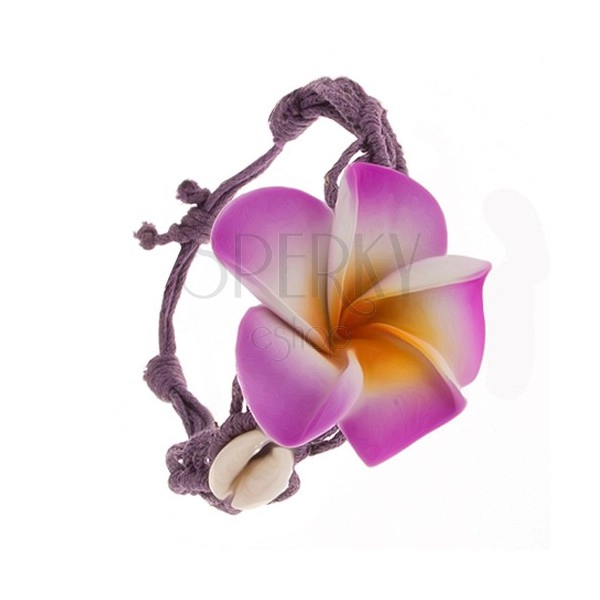 Fioletowa bransoletka - zaplatane rzemyki, kwiat, lśniące muszelki