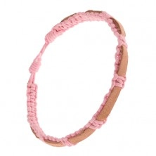 Bransoletka z zaplatanych różowych sznurków, piaskowany pas skóry