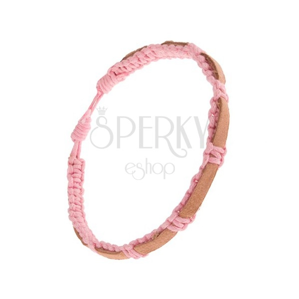 Bransoletka z zaplatanych różowych sznurków, piaskowany pas skóry