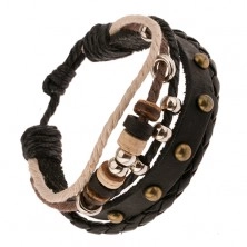 Multi bransoletka - czarny skórzany pas i plecionka, sznurki, okrągłe ozdoby