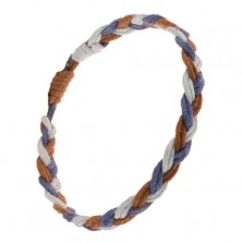 Bransoletka z fioletowych, brązowych i niebieskich sznurków, styl warkoczowy