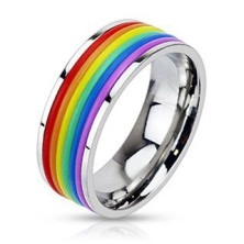 Lśniący stalowy pierścionek z gumowymi paskami w kolorach tęczy