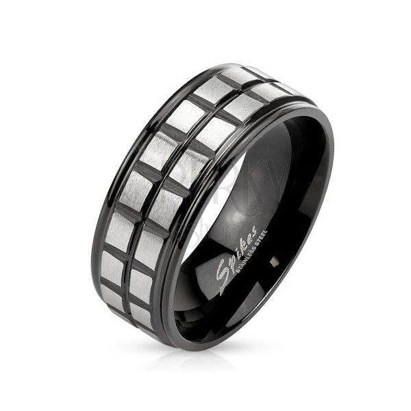 Czarny stalowy pierścionek, dwa pasy z matowych srebrnych kwadratów