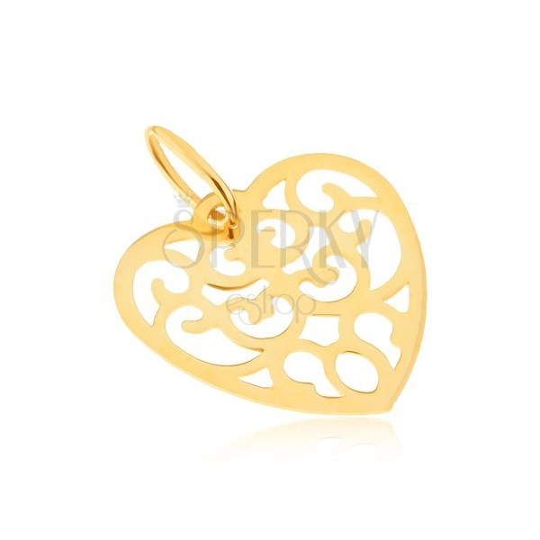 Wisiorek z żółtego złota 14K - symetryczne wycinane serce, ornamenty