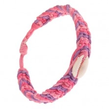 Bransoletka ze sznurków w różowym, jasnoróżowym i fioletowym kolorze, muszla
