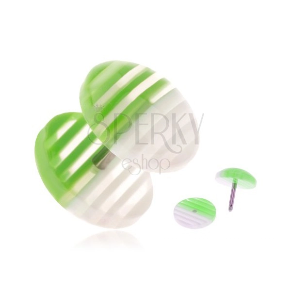 Fake plug z akrylu, przezroczyste kółeczka z białymi i zielonymi paskami