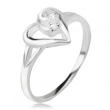 Serduszkowy pierścionek, zarys asymetrycznego serca, przezroczyste kamyczki, srebro 925