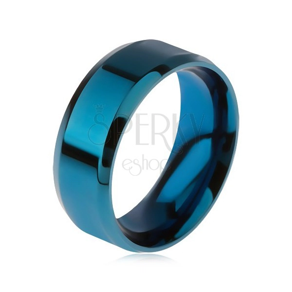 Lśniący stalowy pierścionek w niebieskim kolorze, ścięte krawędzie